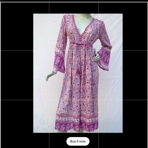Boho rayon purple pink flower V neck maxi dress with bell sleeves and string